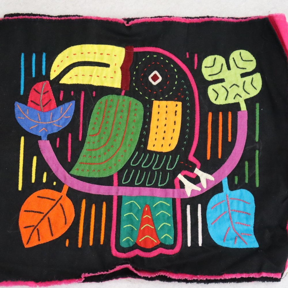 Handmade Mola Bird Fabric Art 9x8 Black Multi Unisex Panama Folk Art Decor - Picture 3 of 6